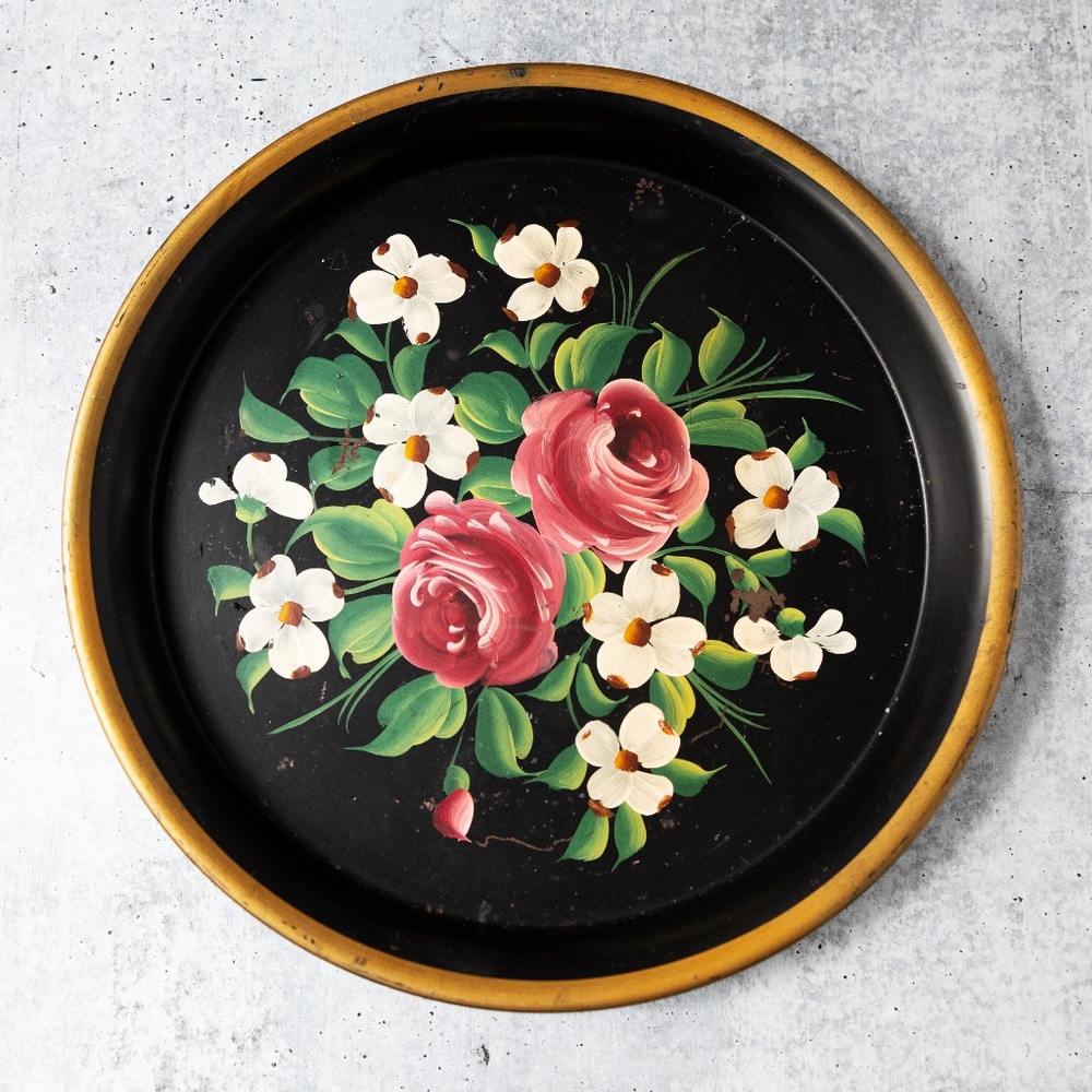 Vintage Large Hand Painted Gold Floral Toleware Tray Pilgrim Art Jordan Marsh